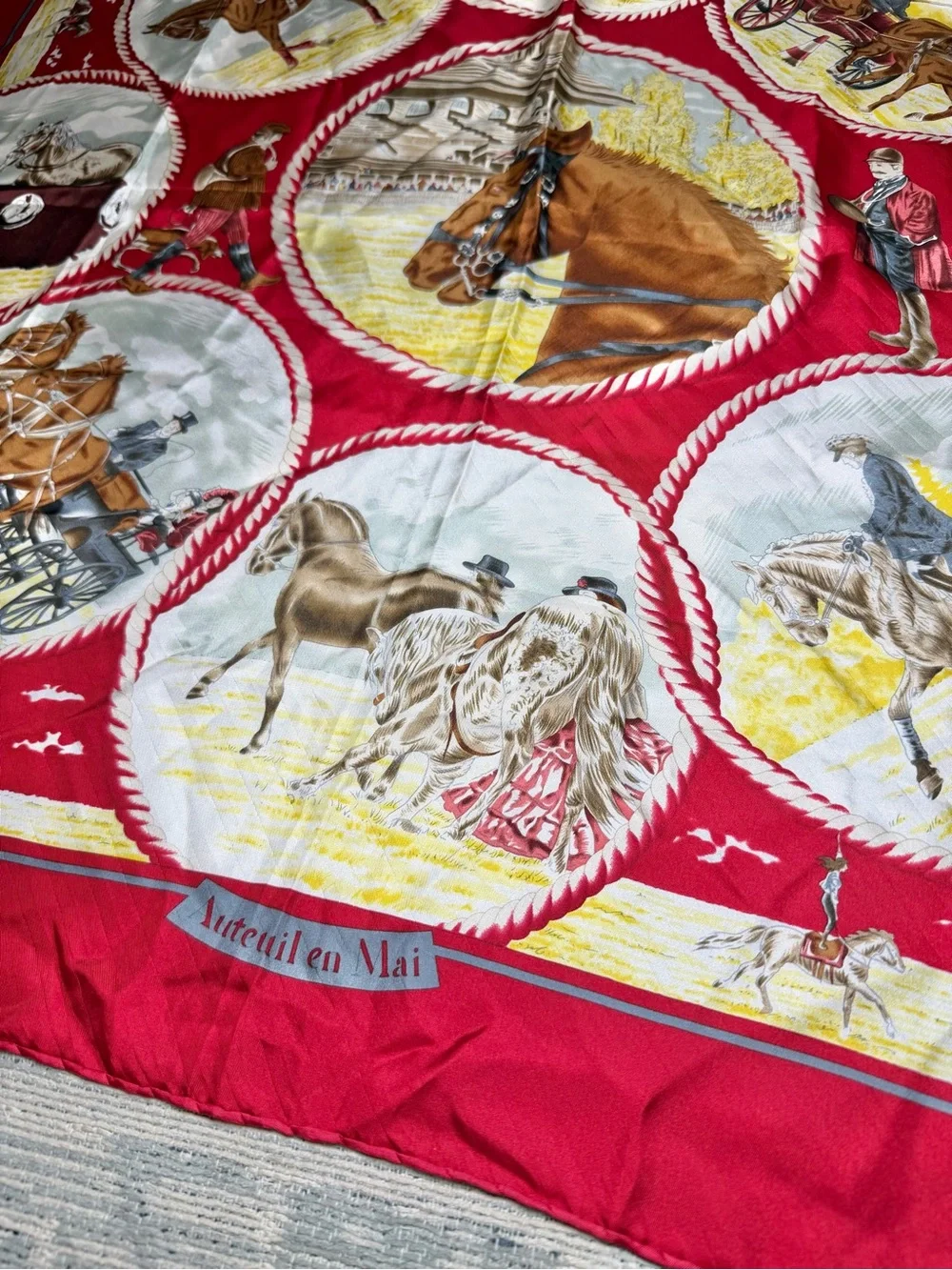 Hermes Paris Red Horse Equestrian Silk Scarf.